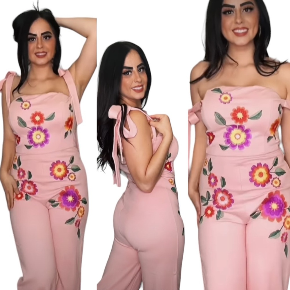 Guaraxez Exitosa Rose Jumpsuit Wide Leg Embroidered Romper Pink Boho Wom… - Picture 17 of 17